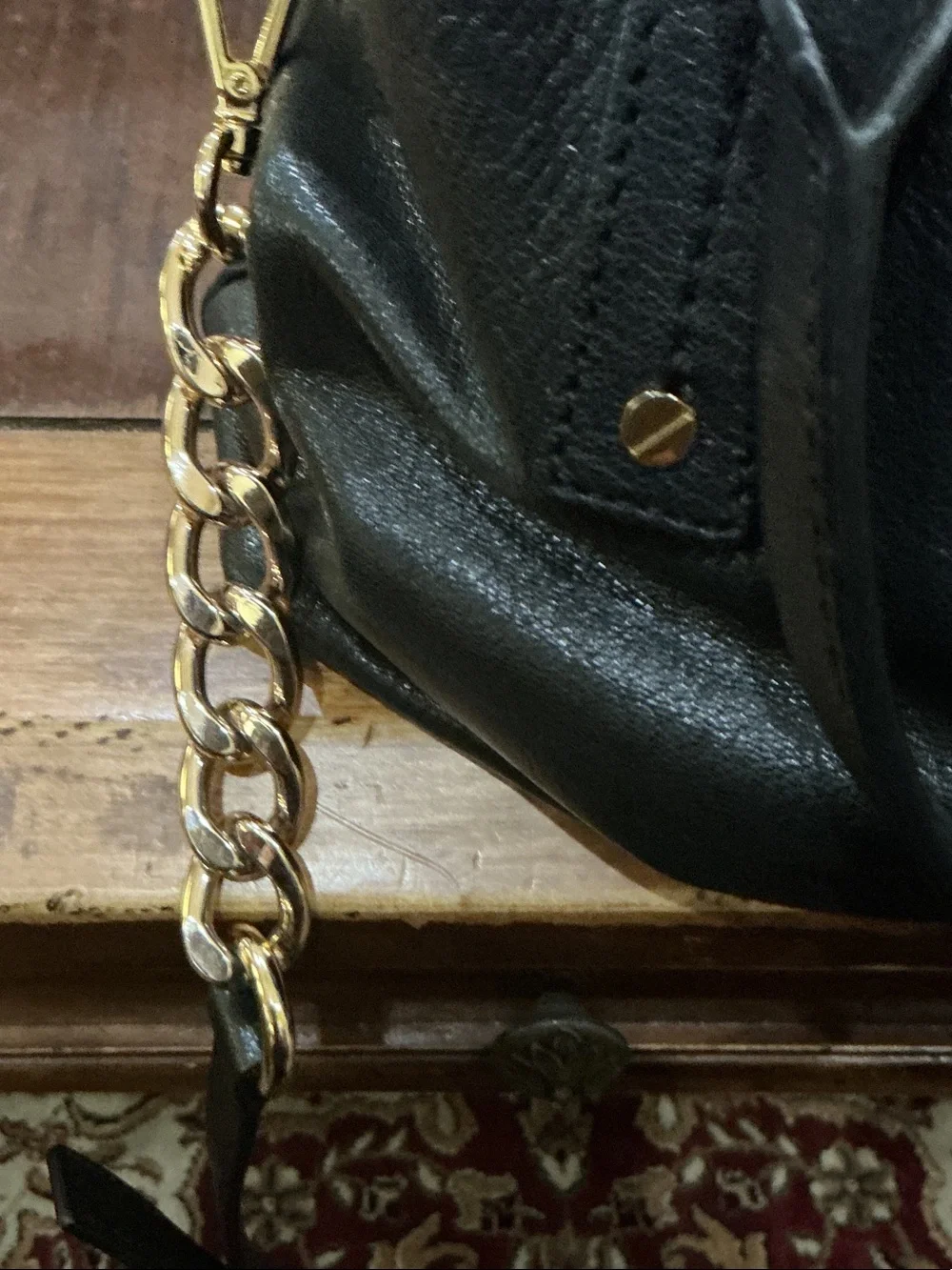 New Michael Kors Hamilton Black Leather Satchel with Gold Chain Strap. Newnotag